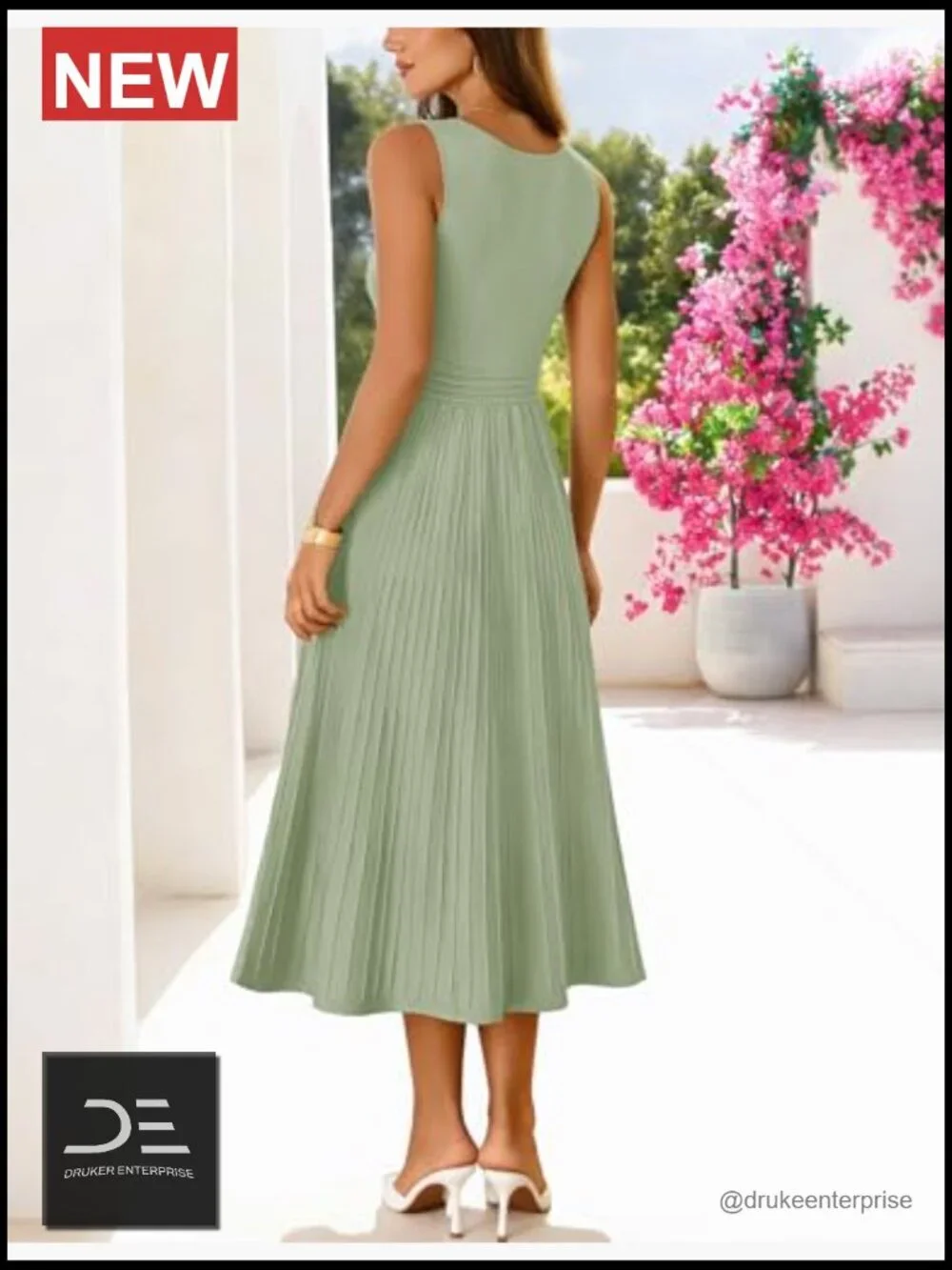 Sleeveless Pleated A-Line Midi Dress for Summer Wedding Guest Work Cocktail